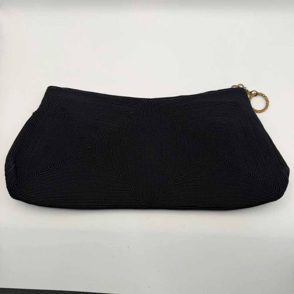 Vintage 1940s Corde Navy Blue Genuine Clutch Evening Bag Brass Zipper Ring Pull